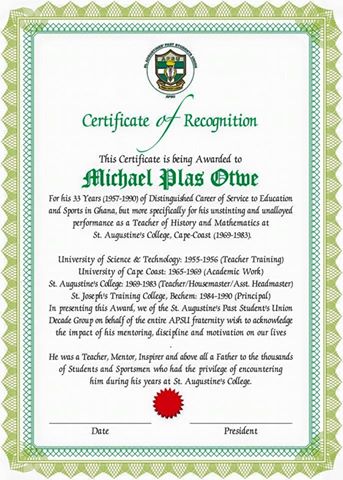 Certificate Celebrating Mr. Michael Plas Otwe (Aka COACH).- APSU Tribute By Senior Charles